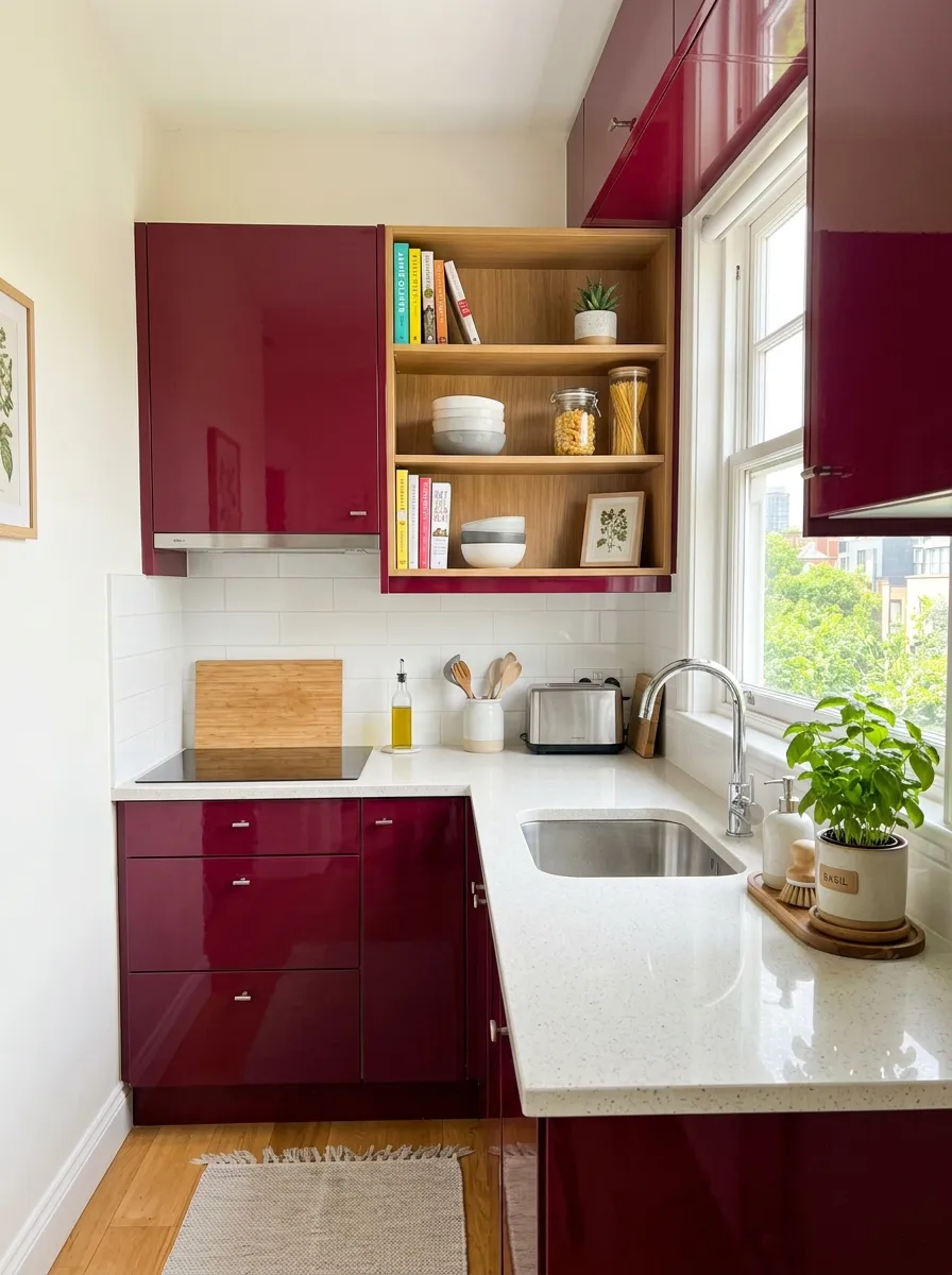 Real-life compact apartment kitchen with glossy burgundy cabinets, neatly made small countertop with minimal decor, beautifully arranged single potted herb, organized open shelf, bright natural light bouncing off surfaces, clean and vibrant, stock photography style.
