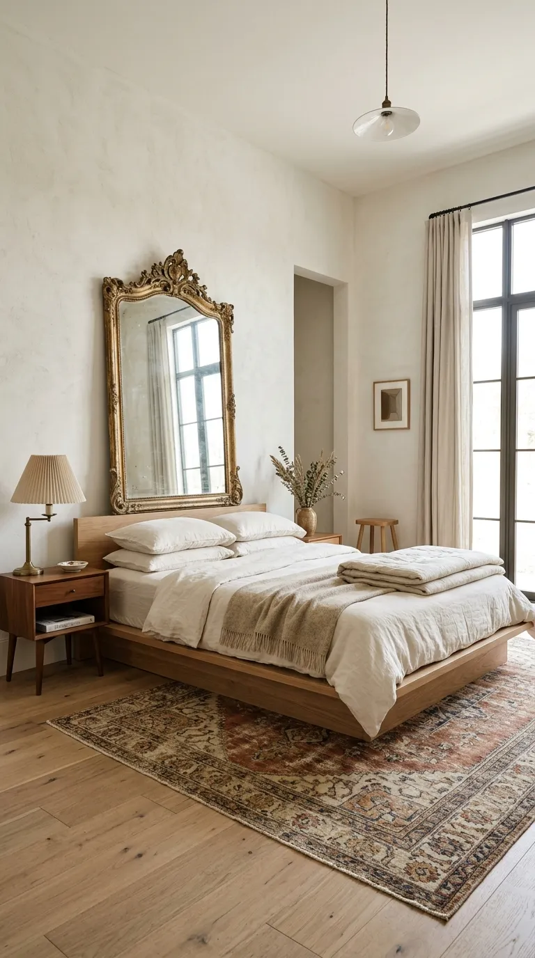 Editorial wide-angle interior photograph of a stunning modern heritage bedroom that blends vintage and contemporary elements in one cohesive frame. The room features a low-profile modern platform bed with soft ivory linen bedding, positioned beneath an ornate antique gilt mirror leaning against a warm white plaster wall. To one side, a mid-century wood nightstand holds a small antique brass table lamp with a pleated linen shade. A worn vintage Persian rug in muted rust and cream tones anchors the floor beneath the bed, layered against light oak flooring. Soft, warm natural daylight streams in from a large unseen window, casting gentle shadows and highlighting the textures of aged brass, gilt, and wood grain against the room's otherwise clean, minimalist lines. The overall composition feels balanced, airy, and aspirational — like a high-end interior design magazine cover.