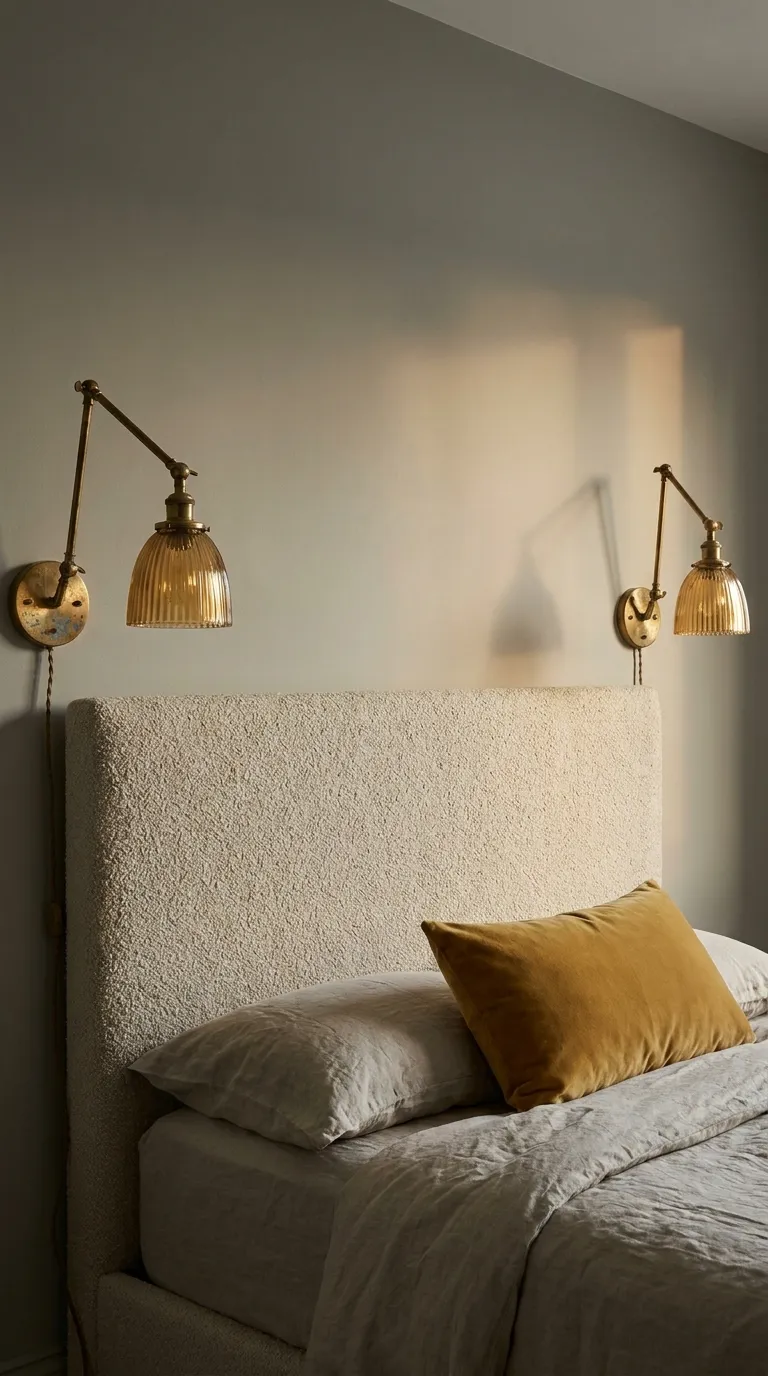 Close-cropped editorial photograph of a boxy, contemporary boucle-upholstered headboard in oatmeal tone, flanked by two antique unlacquered brass articulated wall sconces with warm amber glass shades, mounted directly on a soft putty-gray wall. The brass shows gentle age spotting and patina contrasting against the clean geometric headboard lines. Bedding is a mix of stone-colored linen sheets and a single mustard velvet lumbar pillow. Lighting mimics golden hour filtering in from an unseen window, soft shadows cast by the sconces onto the wall texture, shot at eye level, no people, no text overlays.