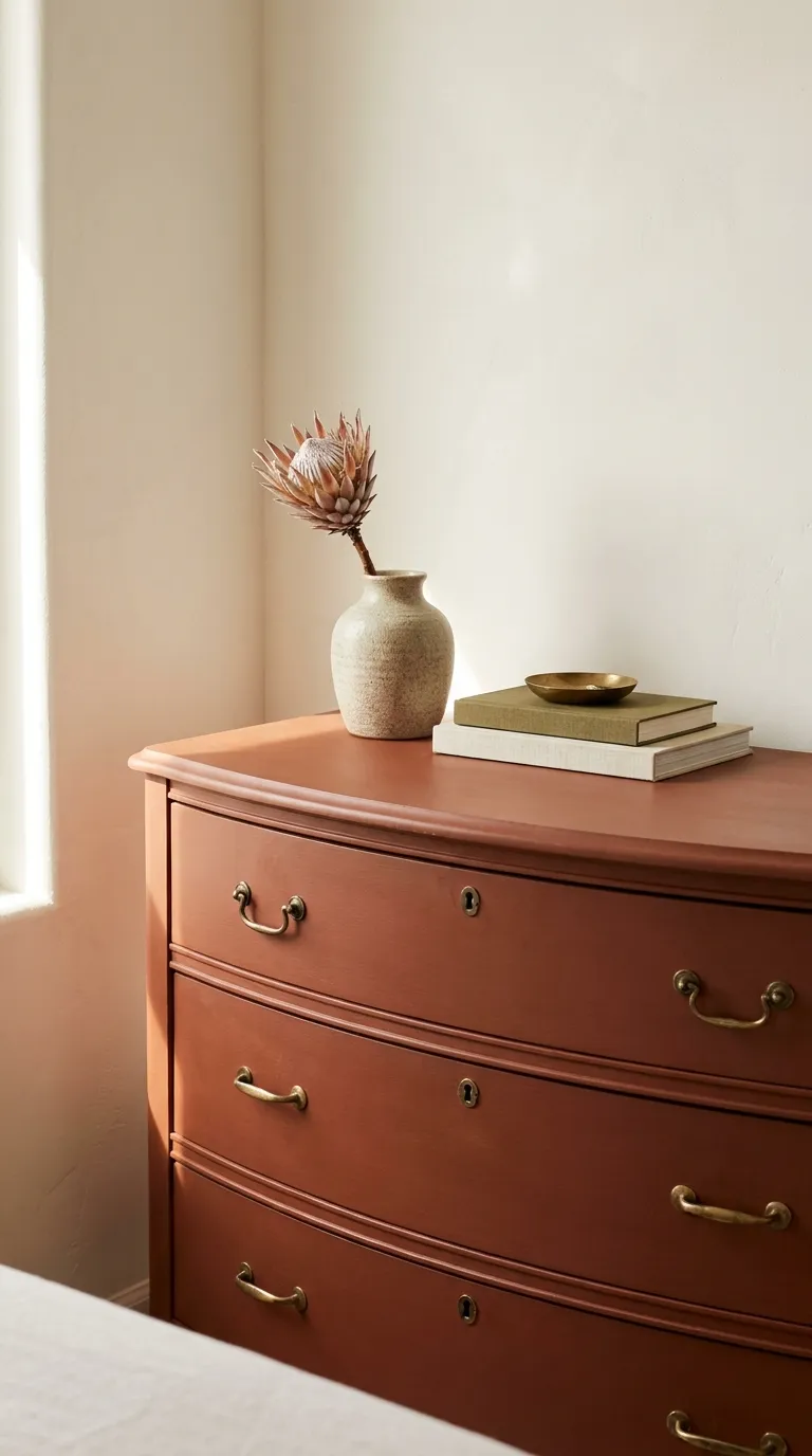 Detailed editorial still-life photograph of a vintage curved-front wooden dresser repainted in a matte deep terracotta color with its original brass hardware left unpolished for contrast, positioned against a warm white wall in a sunlit modern bedroom corner. Atop the dresser sits a small collection of curated objects: a ceramic vase with a single dried protea, a stack of two linen-bound books, and a small brass dish. Soft raking natural light from the side highlights the matte paint texture and brass details. Shot at a slight angle, shallow depth of field, warm and elevated color palette, no people, no text overlays.