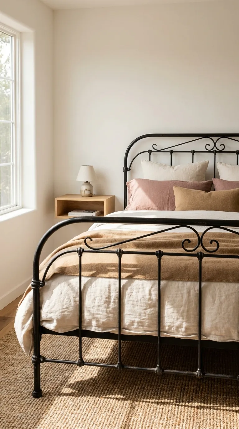 Editorial photograph of an antique black iron bed frame with simple scrollwork detailing, softened by layered bedding in warm cream, dusty rose, and soft camel tones. The surrounding bedroom features smooth plaster walls in warm white, a woven jute area rug, and a single modern floating nightstand shelf in light oak beside the bed holding a small ceramic lamp. Natural light pours in from a large side window, casting soft warm shadows across the iron frame's texture. Composition is centered on the bed, shallow depth of field, cozy yet elevated tone, no people, no text.