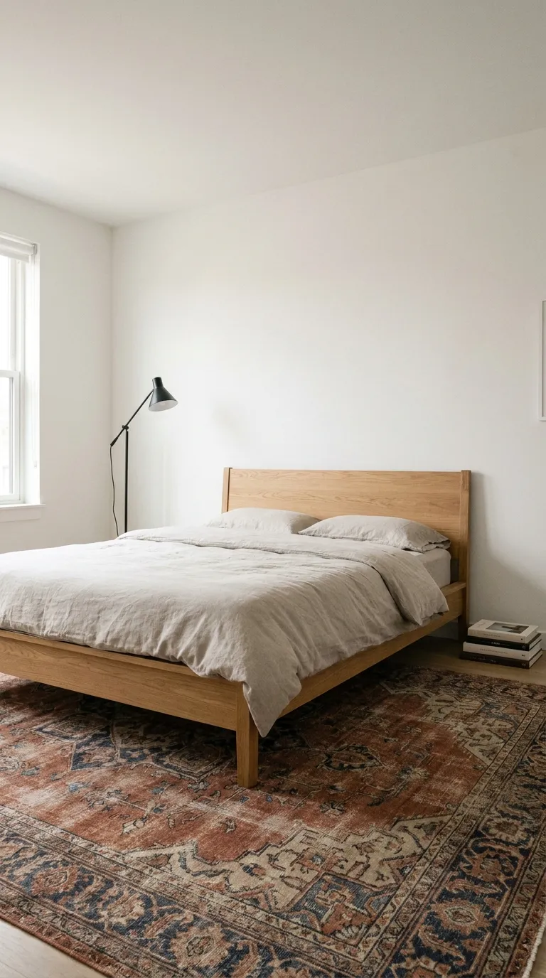 Wide editorial photograph of a modern minimalist bedroom with white walls and a simple oak platform bed dressed in stone-colored linen, anchored by a large worn antique Persian rug in muted rust, indigo, and cream tones positioned beneath the bed. A single modern black metal floor lamp stands in the corner, and a small stack of books sits on the floor beside the bed. Soft natural daylight highlights the rug's intricate faded pattern against the otherwise clean, uncluttered space. Wide-angle composition, warm neutral color grading, no people, no text overlays.