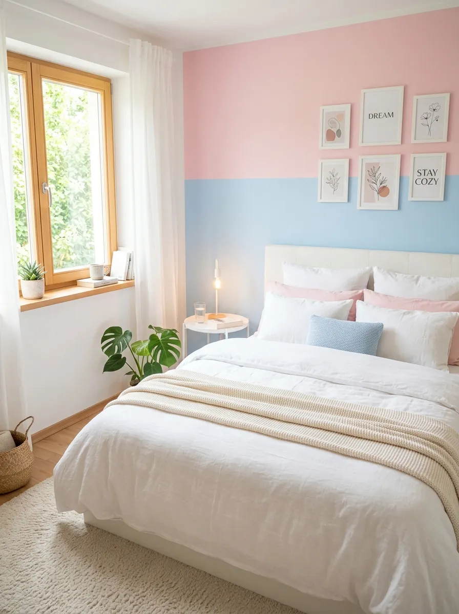 Photorealistic real-life photo of a cozy bedroom corner with a pastel pink and baby blue color-blocked accent wall behind a neatly made bed with white bedding, small white gallery frames on the wall, soft bright natural light streaming through a window, clean and organized styling, beautifully arranged, vibrant pastel colors, stock photography style, no people, high detail, Pinterest aesthetic.