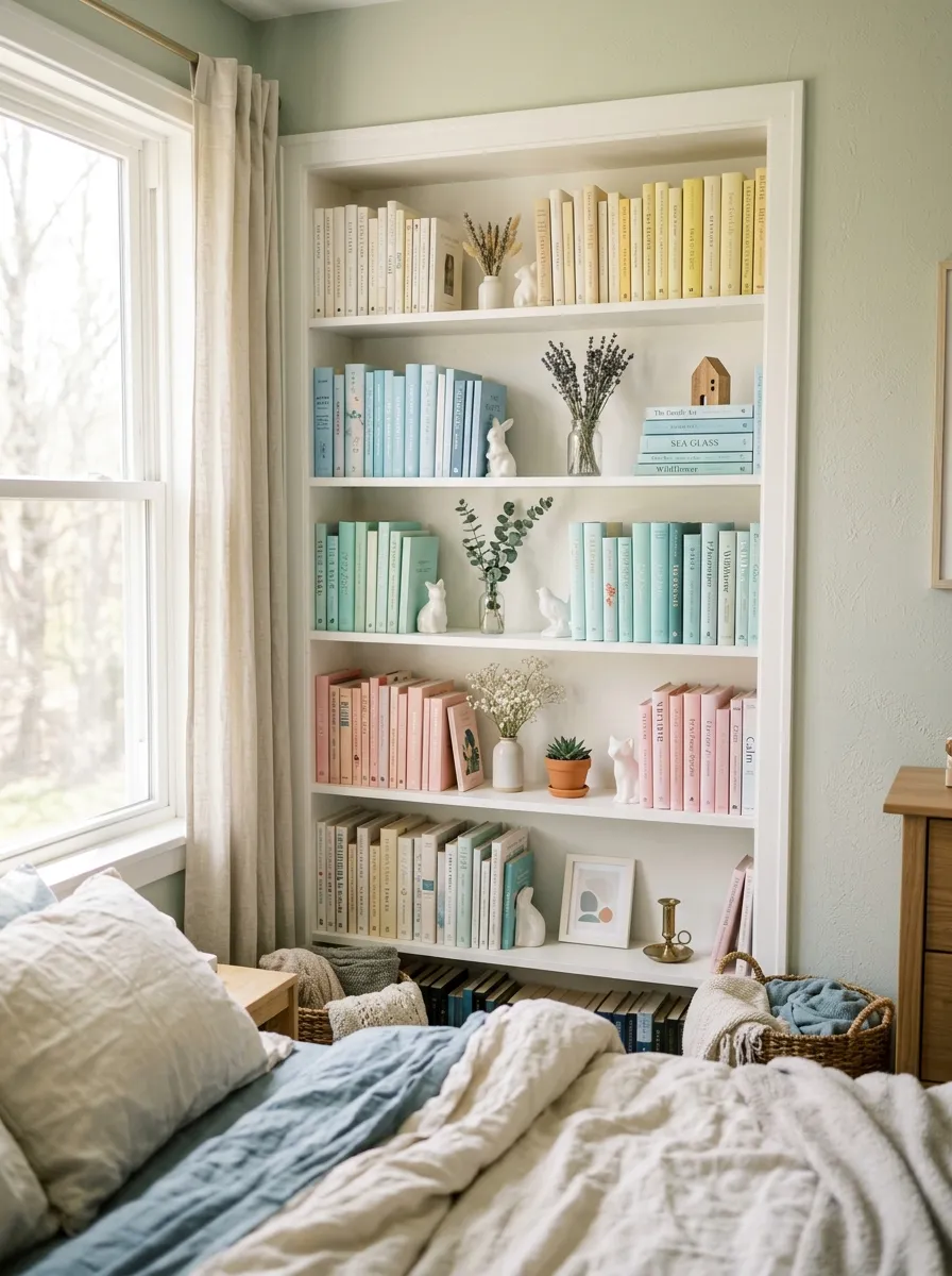 Real-life photo of a bookshelf in a bedroom with books organized by pastel color and small figurines and dried flowers placed between stacks, bright natural light, clean and organized styling, beautifully arranged shelf display, vibrant soft colors, stock photography style, no people, Pinterest-ready aesthetic.
