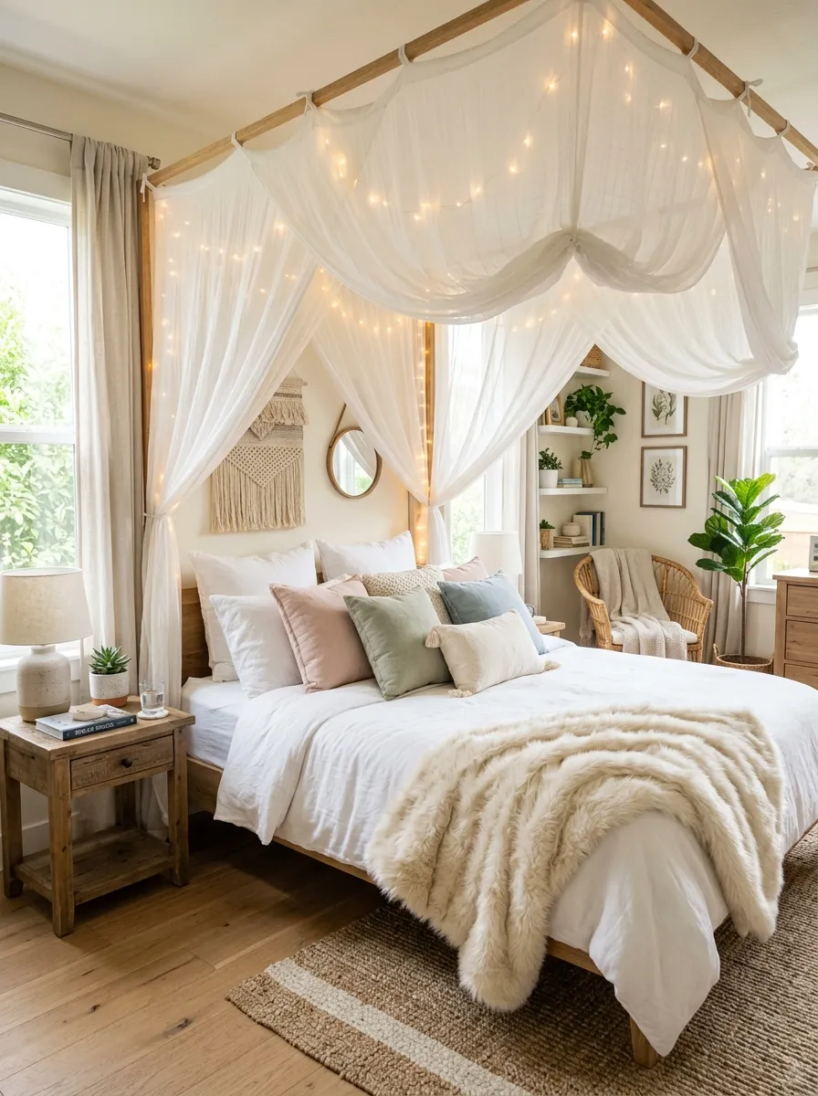 Real-life photography of a dreamy bedroom with a sheer white canopy draped over a neatly made bed with plush pastel pillows and a fluffy cream throw blanket, warm fairy lights woven through the canopy frame, bright natural light, clean and organized room, beautifully arranged decor, vibrant cozy tones, stock photo style, no people, Pinterest-ready aesthetic.