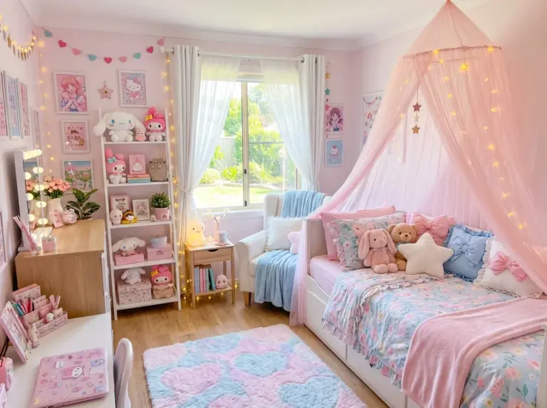 Real-life wide-angle photo of a complete cutecore bedroom with pastel pink and blue tones, a neatly made bed with plush pillows and a sheer canopy, fairy lights, a cozy reading corner, a curated shelf with plushies and trinkets, bright natural light through a window, clean, organized, and beautifully arranged styling throughout, vibrant pastel colors, stock photography style, no people, ultra-Pinterest-ready aesthetic.
