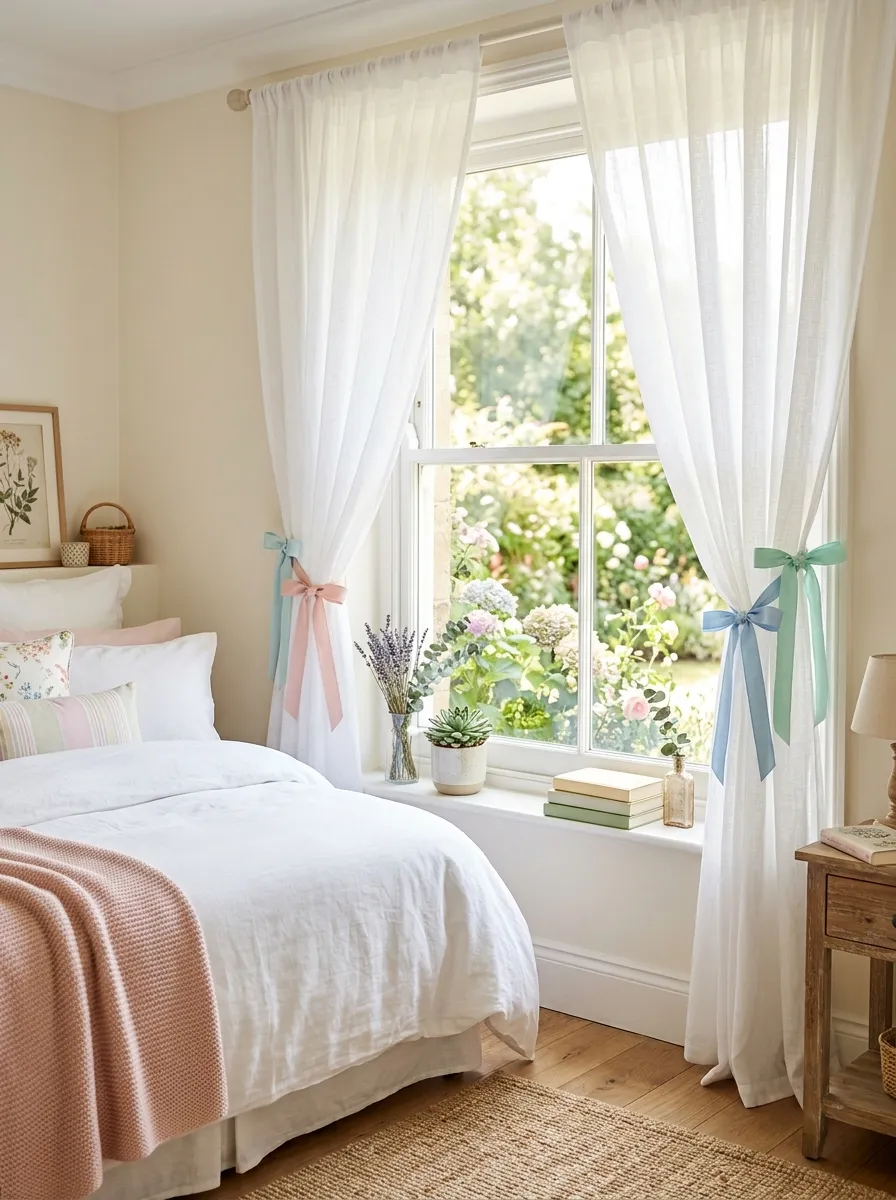 Real-life photo of a bedroom window with sheer white curtains tied back with soft pastel ribbon bows, bright natural light streaming through, clean and organized window styling, neatly made bed nearby, beautifully arranged details, vibrant pastel tones, stock photography style, no people, Pinterest-ready aesthetic.