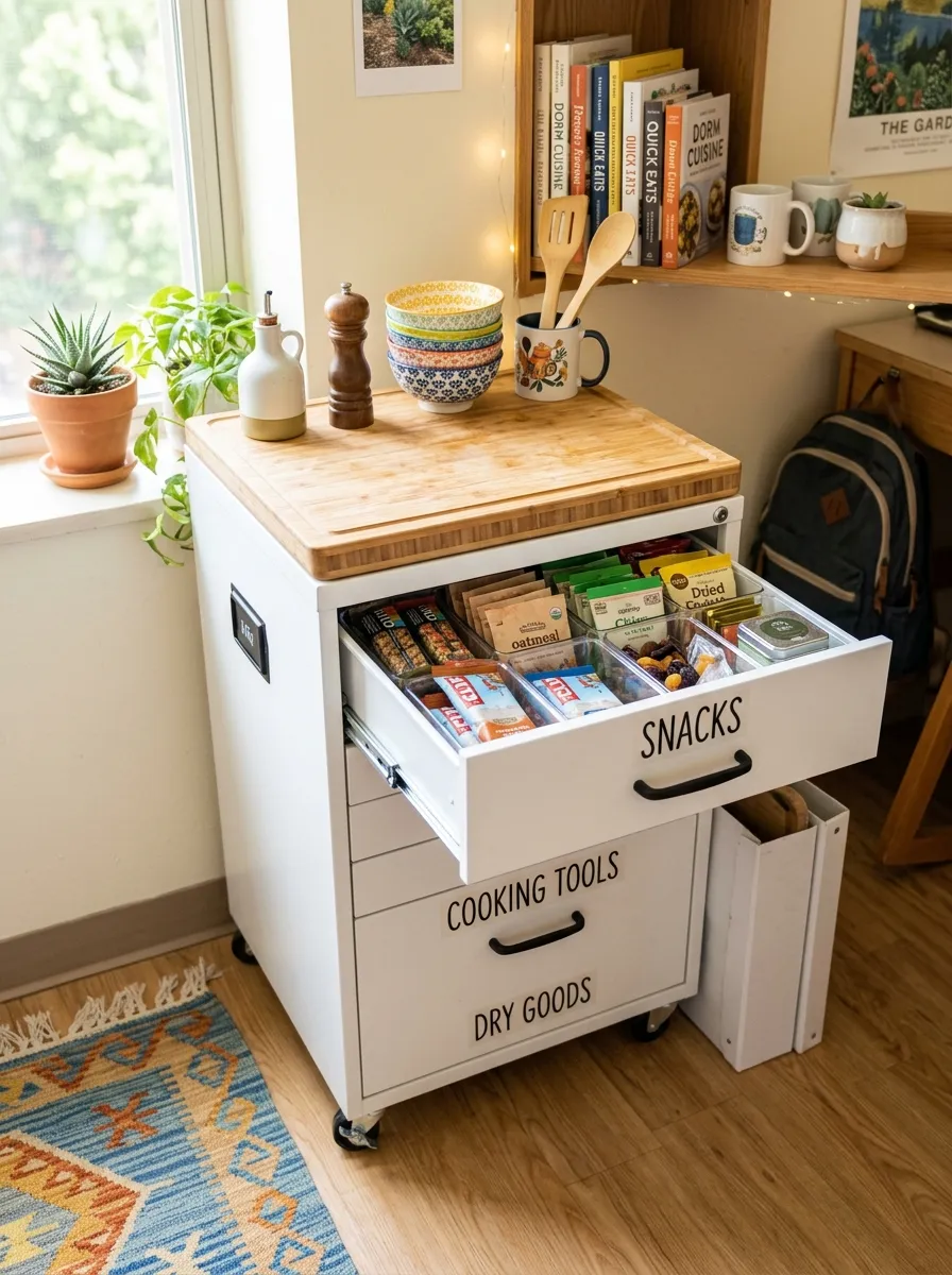 A small white rolling file cabinet repurposed as a dorm kitchen pantry, drawers labeled and neatly organized with snacks and cooking tools visible in one open drawer, a wooden cutting board resting on top, beautifully arranged, bright natural light, clean dorm room setting, vibrant colors, real-life photography, Pinterest-ready, no people visible.