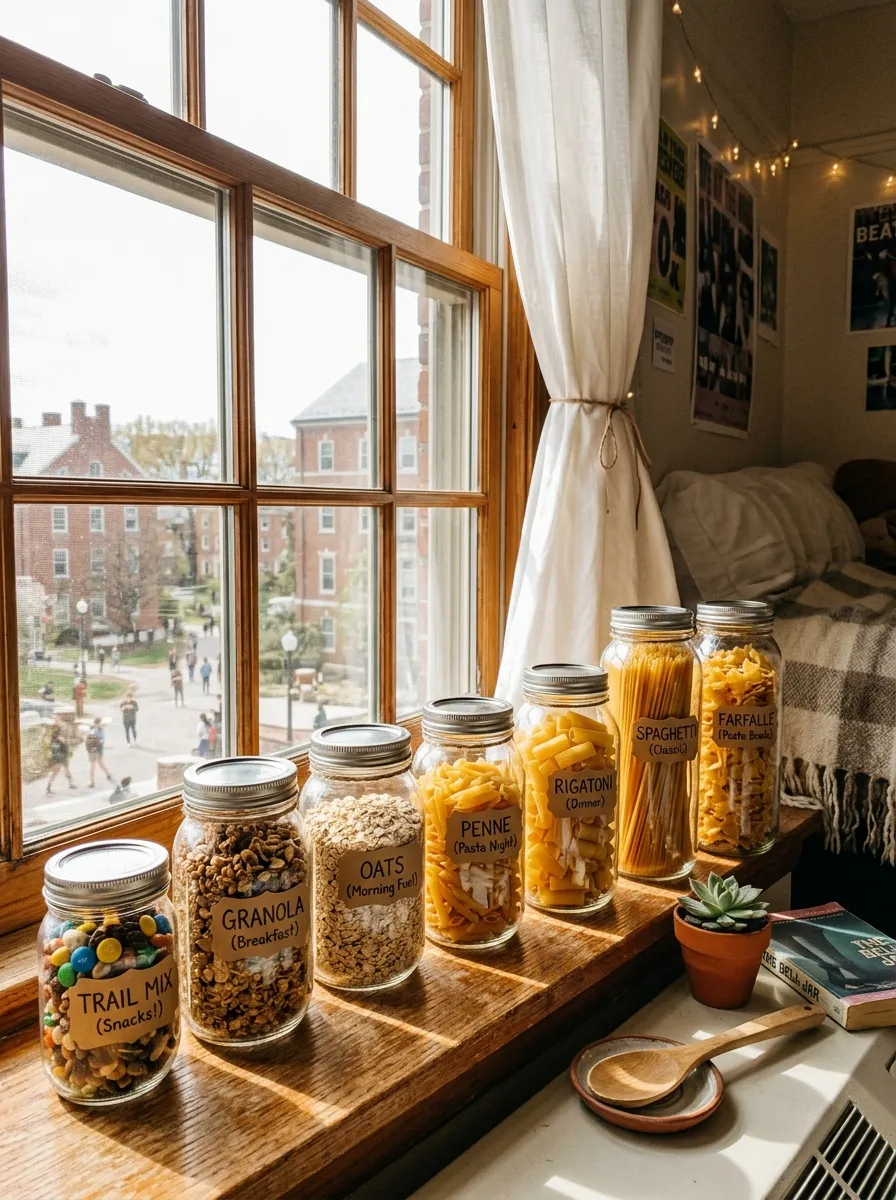 A dorm room windowsill lined with glass mason jars filled with pasta, oats, and colorful trail mix, neatly arranged by height with rustic labels, beautifully organized, bright natural sunlight streaming through the window, vibrant food colors, real-life lifestyle photography, Pinterest-ready aesthetic, no people visible.