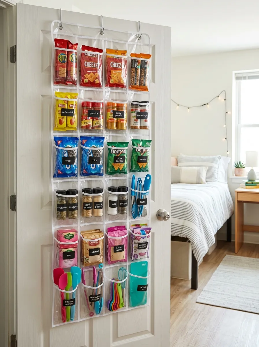 A clear over-the-door organizer hanging on a dorm closet door, pockets neatly filled with snack packs, spice jars, and small kitchen tools, beautifully arranged and color coded, bright natural light, clean dorm room background, vibrant snack packaging colors, real-life photography style, Pinterest-ready, no people visible.