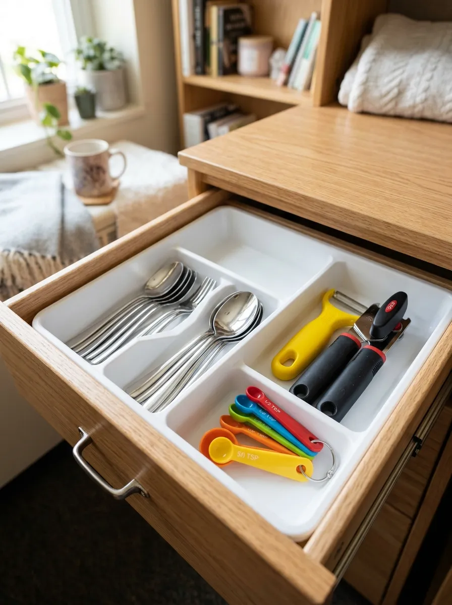 An open dorm room drawer fitted with a white plastic insert tray, neatly organized with spoons, a peeler, a can opener, and measuring spoons in separate compartments, beautifully arranged, clean and tidy, bright natural light from above, vibrant utensil colors, real-life photography, Pinterest-ready, no people visible.