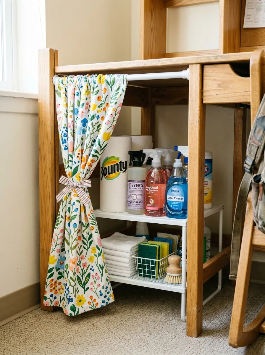 Underneath a small dorm desk, a tension rod holds a cheerful printed curtain partly open, revealing neatly organized cleaning supplies and paper towels behind it, beautifully arranged, clean and bright, natural light, vibrant fabric pattern, real-life lifestyle photography, Pinterest-ready, no people visible.