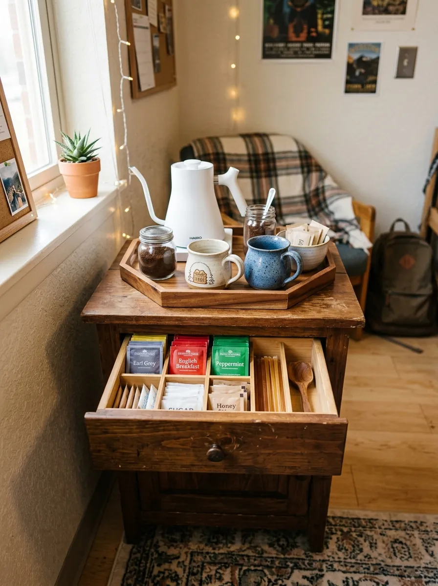 A tidy dorm kitchen counter corner with a hot plate and electric kettle, cords neatly clipped along the wall and excess cords tucked into a small woven basket, beautifully organized, clean setup, bright natural light, vibrant appliance colors, real-life stock photography style, Pinterest-ready, no people visible.