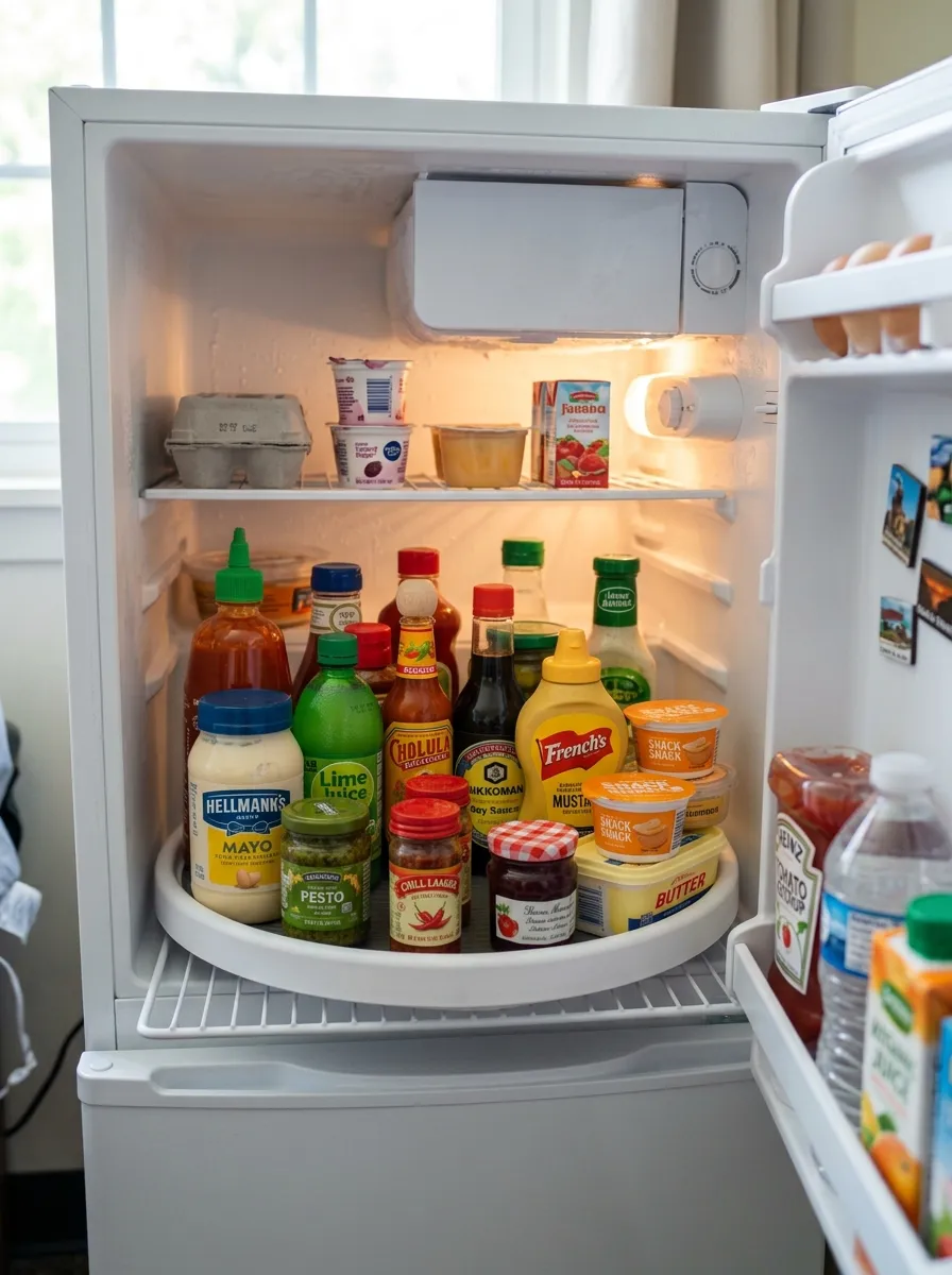 A metal tiered can organizer inside a dorm pantry shelf, neatly stocked with rows of canned soup, vegetables, and beans arranged by type, beautifully organized, clean and bright, natural light, vibrant can label colors, real-life stock photography style, Pinterest-ready, no people visible.