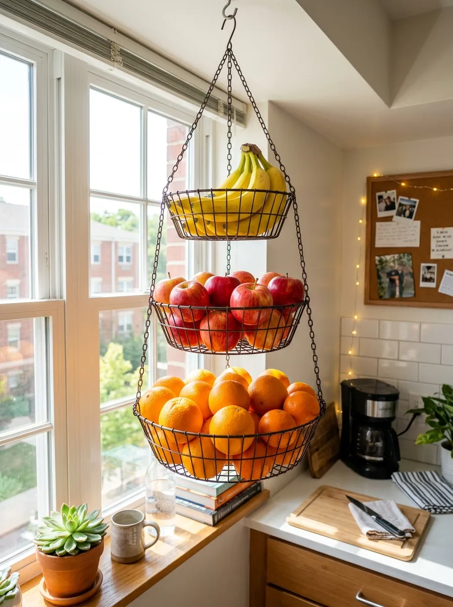 A three-tier wire hanging fruit basket suspended near a dorm room window, neatly filled with bananas, apples, and oranges, beautifully arranged by color, bright natural sunlight, clean dorm kitchen corner, vibrant fresh fruit colors, real-life lifestyle photography, Pinterest-ready, no people visible.