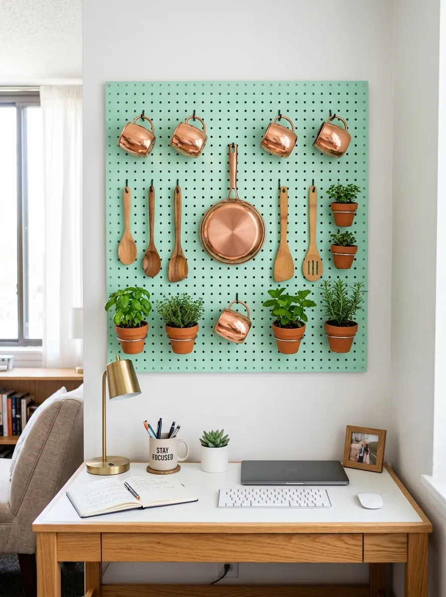 A bright dorm room wall fitted with a mint green pegboard neatly organized with hanging copper mugs, a small frying pan, wooden spoons, and mini potted herbs, beautifully arranged in a symmetrical pattern, clean study desk visible below, bright natural light, vibrant colors, real-life photography, Pinterest-ready, no people.