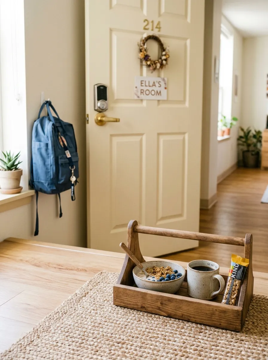 A small wooden caddy tray by a dorm room door, neatly holding a ceramic bowl, mug, spoon, and granola bar, beautifully arranged and ready to grab, bright natural light, clean tidy dorm entryway, vibrant morning color palette, real-life photography style, Pinterest-ready, no people visible.