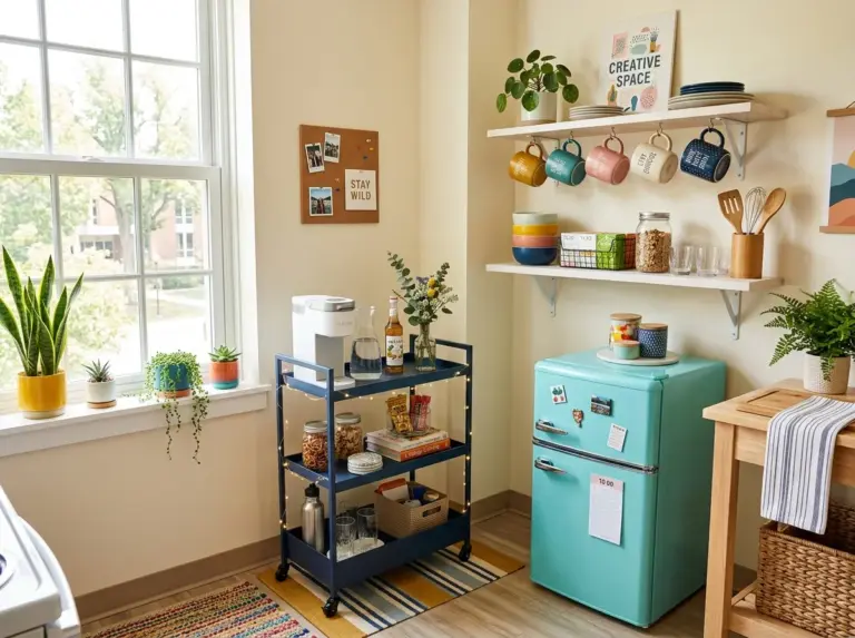 A small dorm kitchen corner styled to perfection, featuring a rolling bar cart, open shelving with matching mugs, and a mini fridge, everything neatly arranged and organized, clean modern dorm aesthetic, bright natural light through a window, vibrant and cheerful color palette, real-life lifestyle photography, Pinterest-ready flat lay style, no people visible.