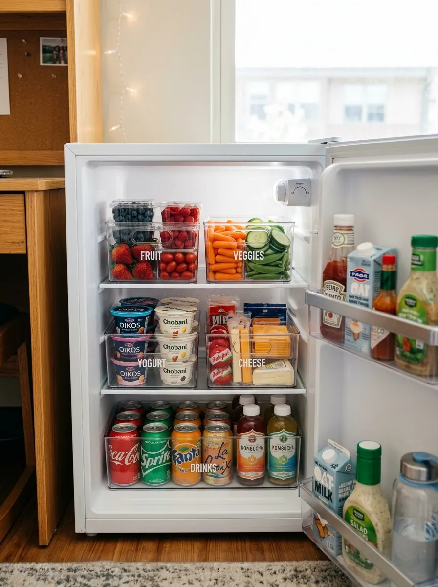 Clear plastic under-bed storage bins neatly organized under a dorm bed, filled with labeled snacks, canned goods, and paper towels, beautifully arranged and color-coded, clean dorm room setting, bright natural light coming through a window, vibrant and cheerful colors, real-life lifestyle photography, Pinterest-ready, no people visible.