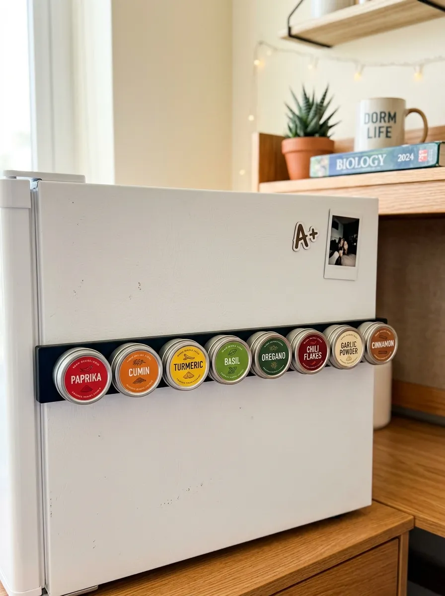 Close-up of a mini dorm fridge with a magnetic strip attached to its side, holding small round metal spice tins with labeled lids, neatly arranged in a row, beautifully organized, bright natural light, clean dorm room background, vibrant colorful spice labels, real-life photography style, Pinterest-ready, no people visible.