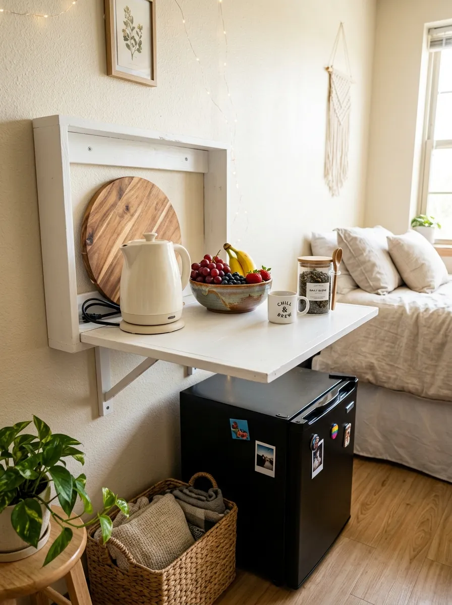 A white fold-down wooden shelf mounted on a dorm room wall above a mini fridge, shown open and neatly holding a cutting board, kettle, and small bowl of fruit, beautifully arranged, clean and organized, bright natural light, vibrant fresh colors, real-life lifestyle photography, Pinterest-ready, no people visible.