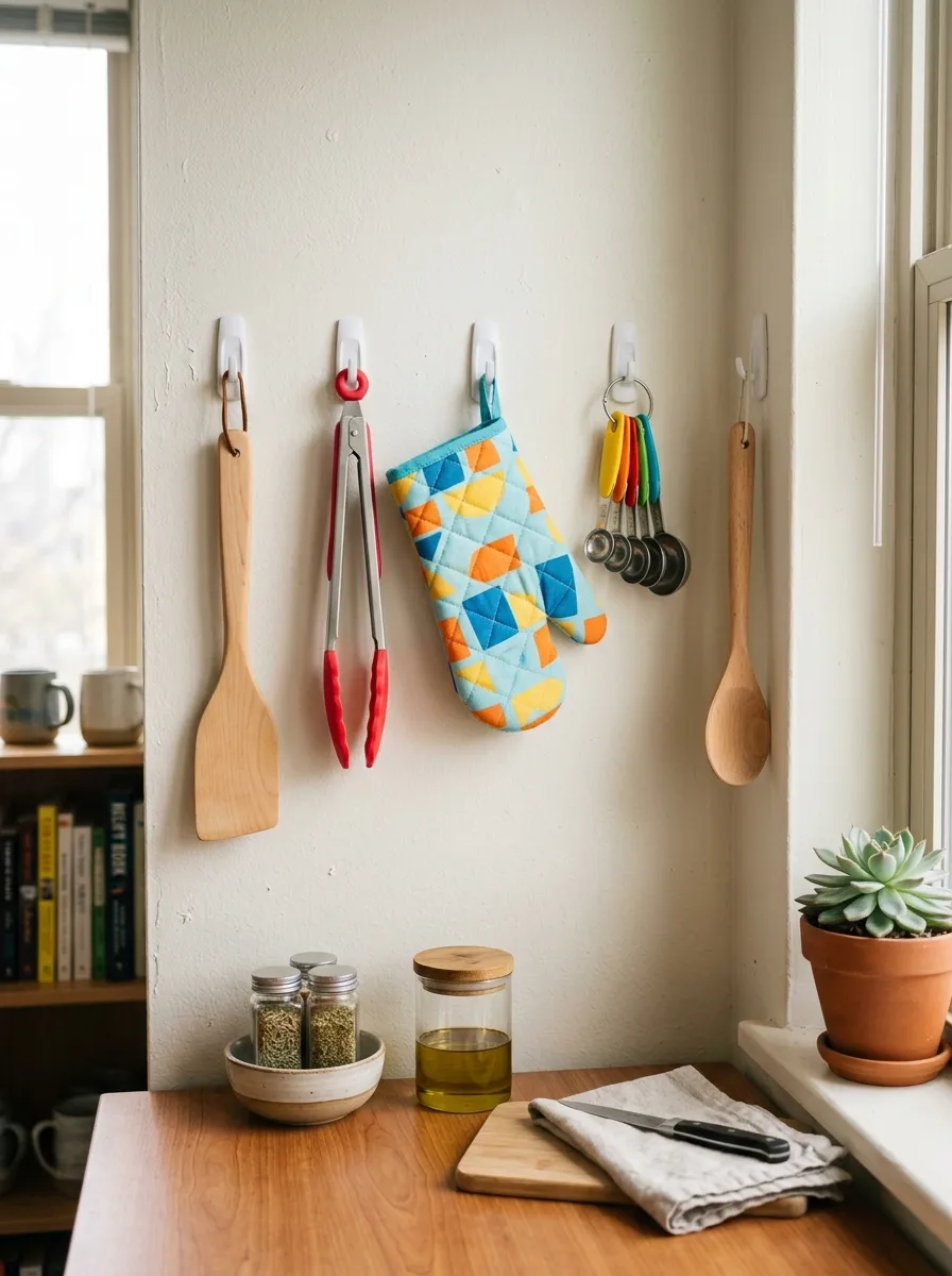 A dorm room wall fitted with a row of small white command hooks, neatly holding a wooden spatula, tongs, oven mitt, and measuring spoons, beautifully arranged in a straight line, clean bright dorm kitchen corner, natural light, vibrant kitchen tool colors, real-life photography, Pinterest-ready, no people visible.