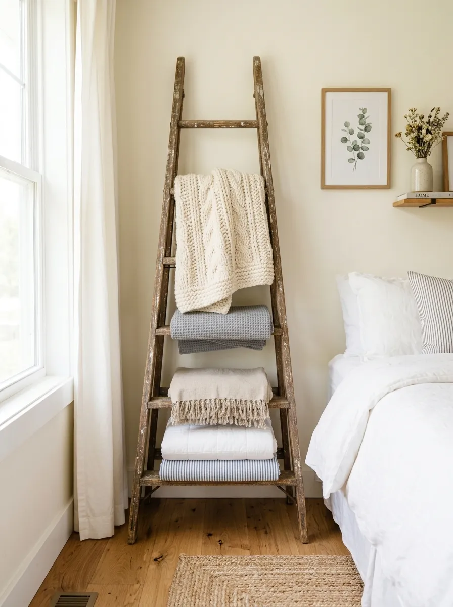 An old distressed wooden ladder leaning against a bedroom wall, draped with a knit blanket and stacked folded textiles on lower rungs, photographed in bright natural light. The corner looks neatly made, beautifully arranged, and organized, captured in real-life photography style with clean, vibrant tones.