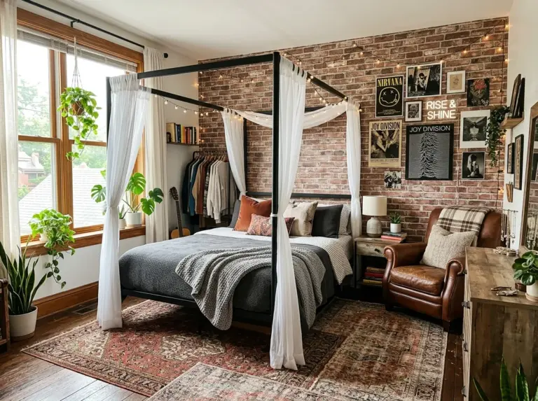 A beautifully styled grunge bedroom featuring a black metal bed frame with sheer curtains, a faux brick accent wall, a worn leather armchair, and layered vintage rugs, all bathed in bright natural light from a large window. The room looks neatly made, beautifully arranged, organized, and clean, captured in real-life photography style with vibrant, rich color tones that make it Pinterest-ready.