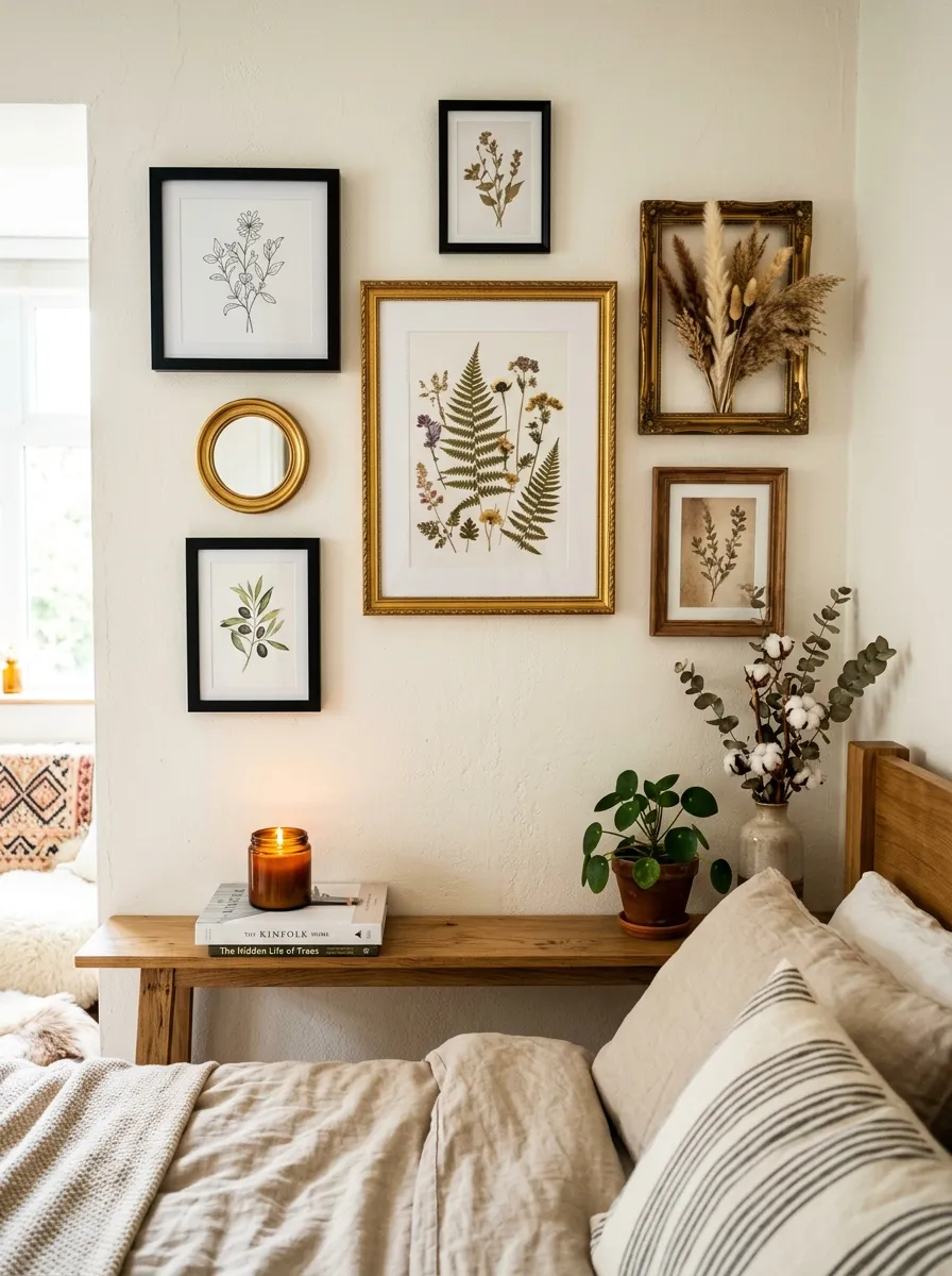 A gallery wall above a bedroom shelf featuring mismatched black and gold picture frames, a small round mirror, and dried botanical art, with a lit candle nearby, photographed in bright natural light. The display is neatly made, beautifully arranged, and organized, captured in real-life photography style with clean, vibrant tones.