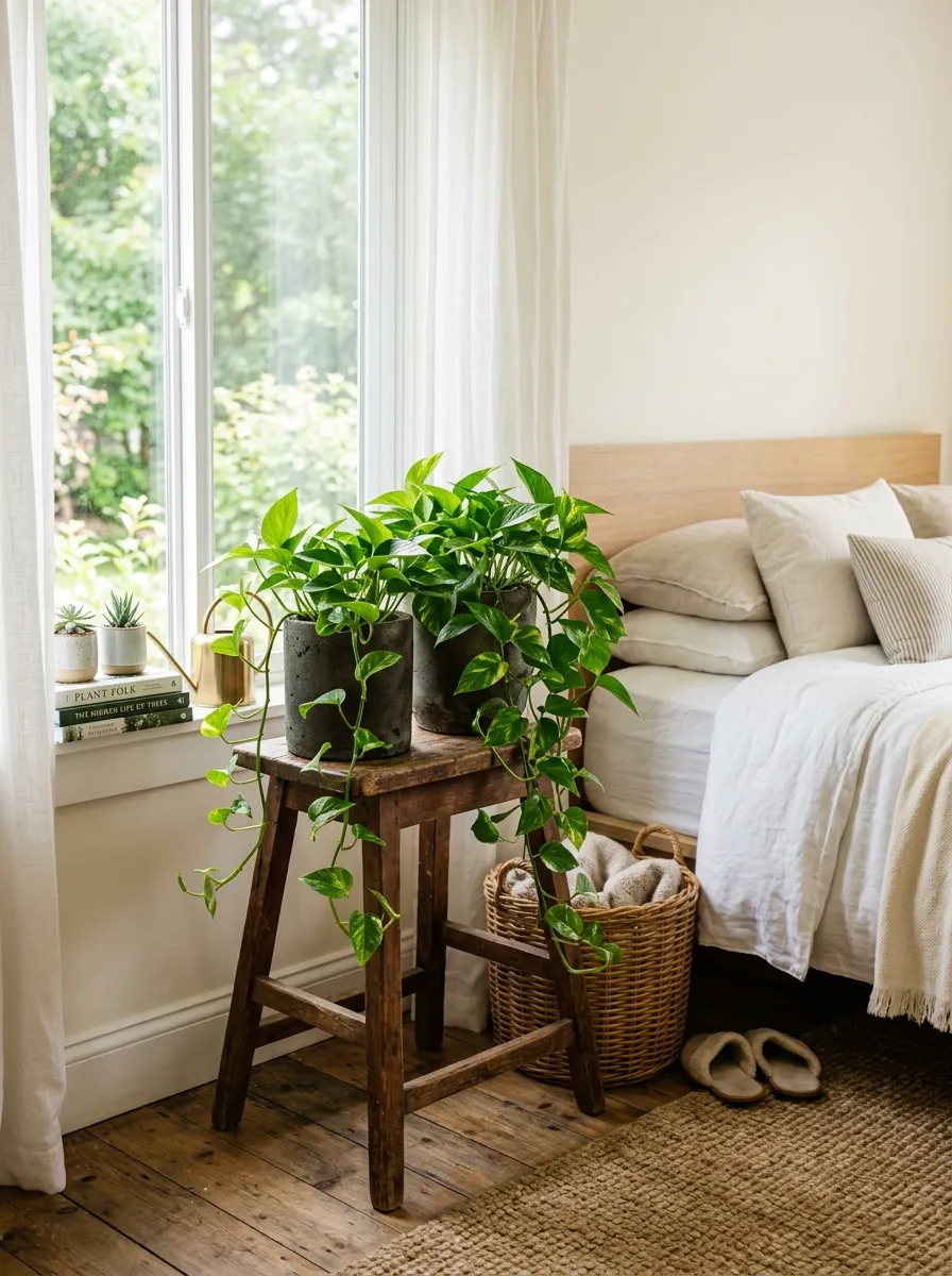 Trailing pothos plants in dark concrete pots placed on a vintage wooden stool near a bedroom window, photographed in bright natural light. The corner looks neatly made, beautifully arranged, and organized, captured in real-life photography style with clean, vibrant green and natural tones.