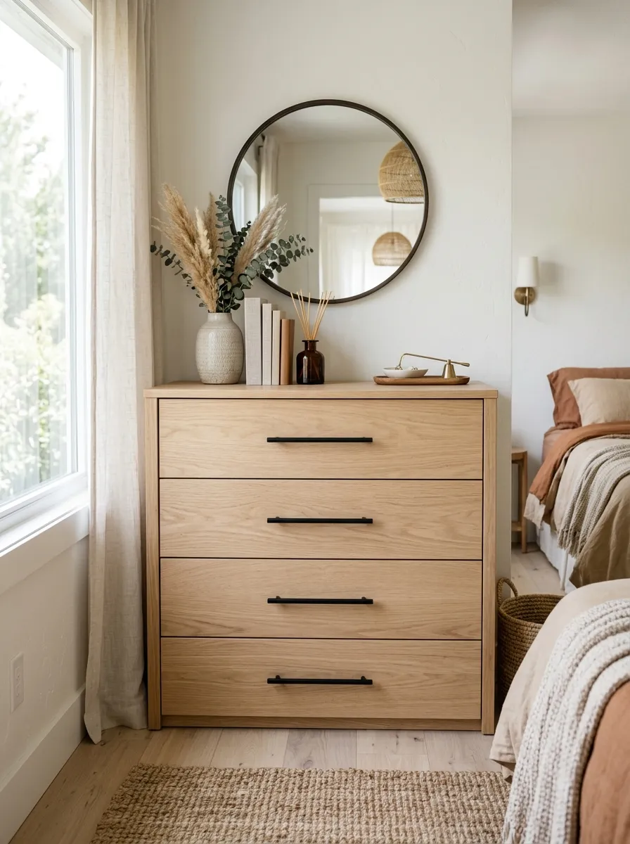Image prompt: A real-life Japandi bedroom dresser with matte black hardware accents against light natural wood, neatly organized, bright natural light, clean minimalist space, beautifully arranged, vibrant warm tones with subtle dark contrast, realistic stock photography style.