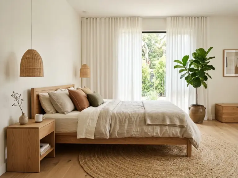 Featured Image Prompt: A beautifully arranged real-life Japandi bedroom, low natural wood platform bed neatly made with layered neutral linen bedding, rattan pendant lamp, woven jute rug, minimalist wood nightstand, large window with sheer curtains letting in bright natural light, clean organized and clutter-free space, warm earthy tones with vibrant natural color accents, realistic stock photography style, no illustration or 3D render.