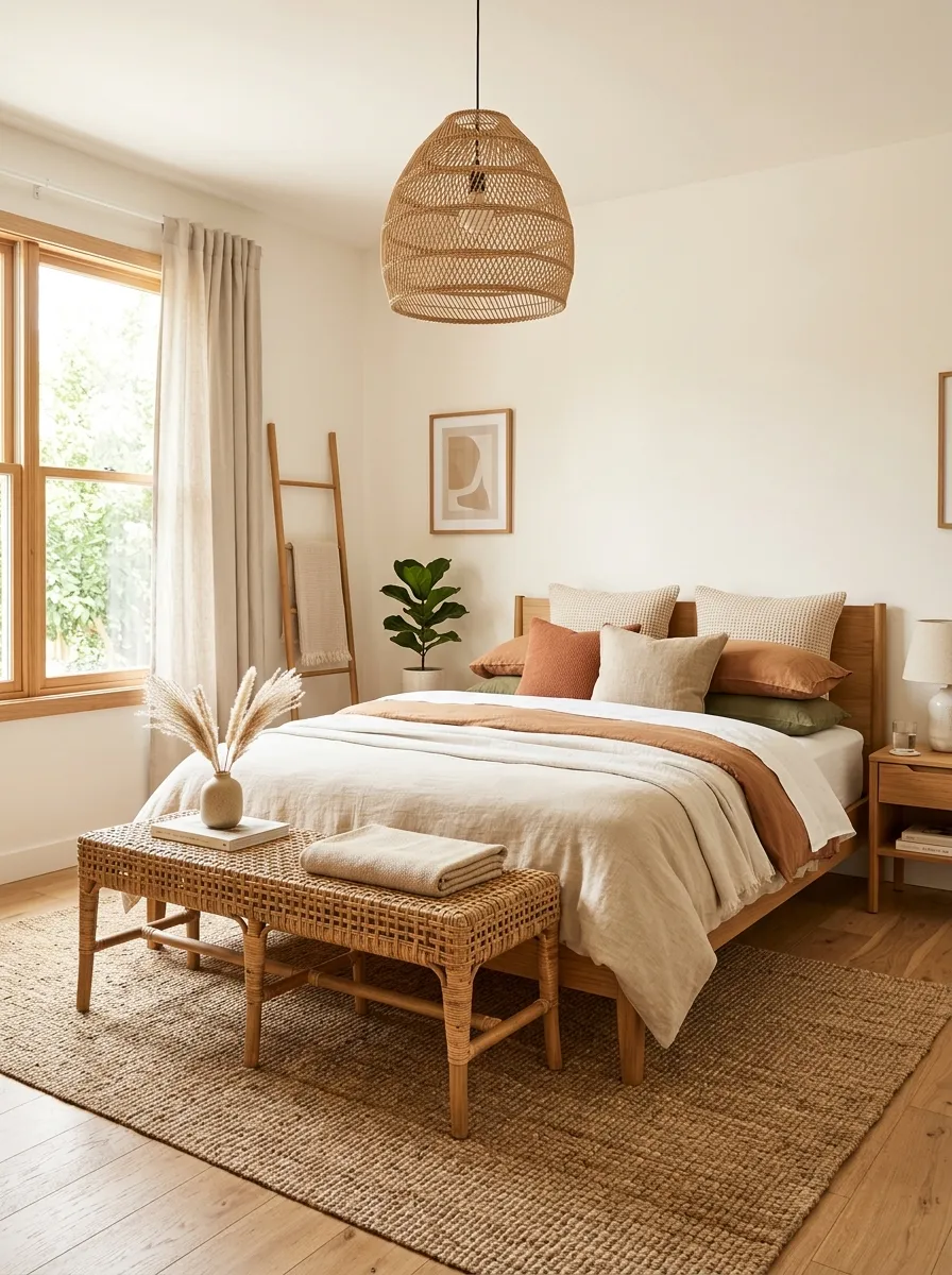 Image prompt: A real-life bedroom scene showing woven natural textures, rattan pendant lamp, jute area rug, and a woven bench at the foot of a neatly made bed, bright natural light, beautifully arranged and organized Japandi interior, clean aesthetic, vibrant warm color palette, realistic stock photography.