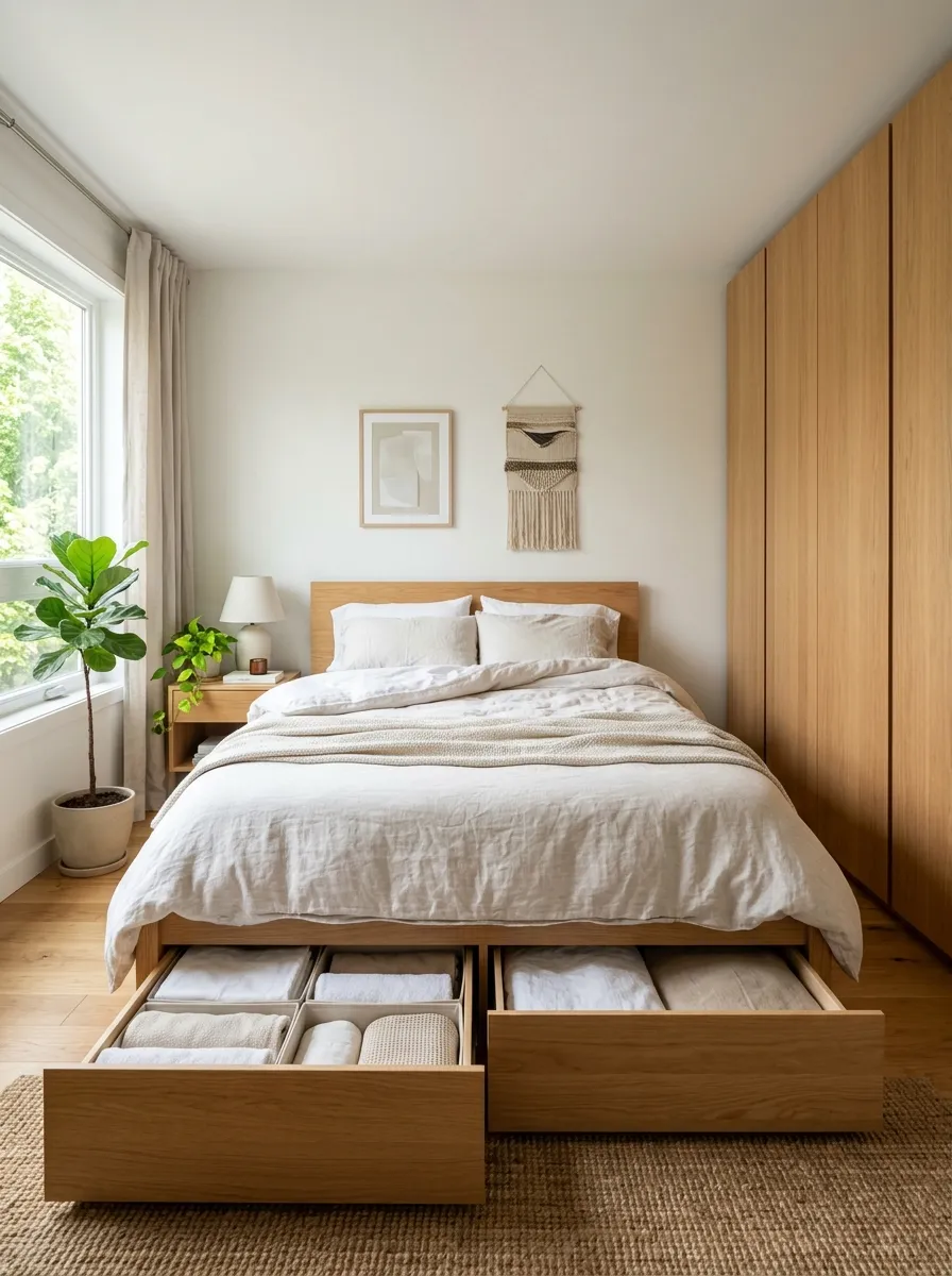 Image prompt: A real-life bedroom featuring hidden storage solutions, sleek handle-less wardrobe with flat wood fronts, under-bed drawers slightly open showing organized folded linens, neatly made bed, bright natural light, clean minimalist Japandi aesthetic, beautifully arranged room, vibrant natural tones, realistic stock photo style.