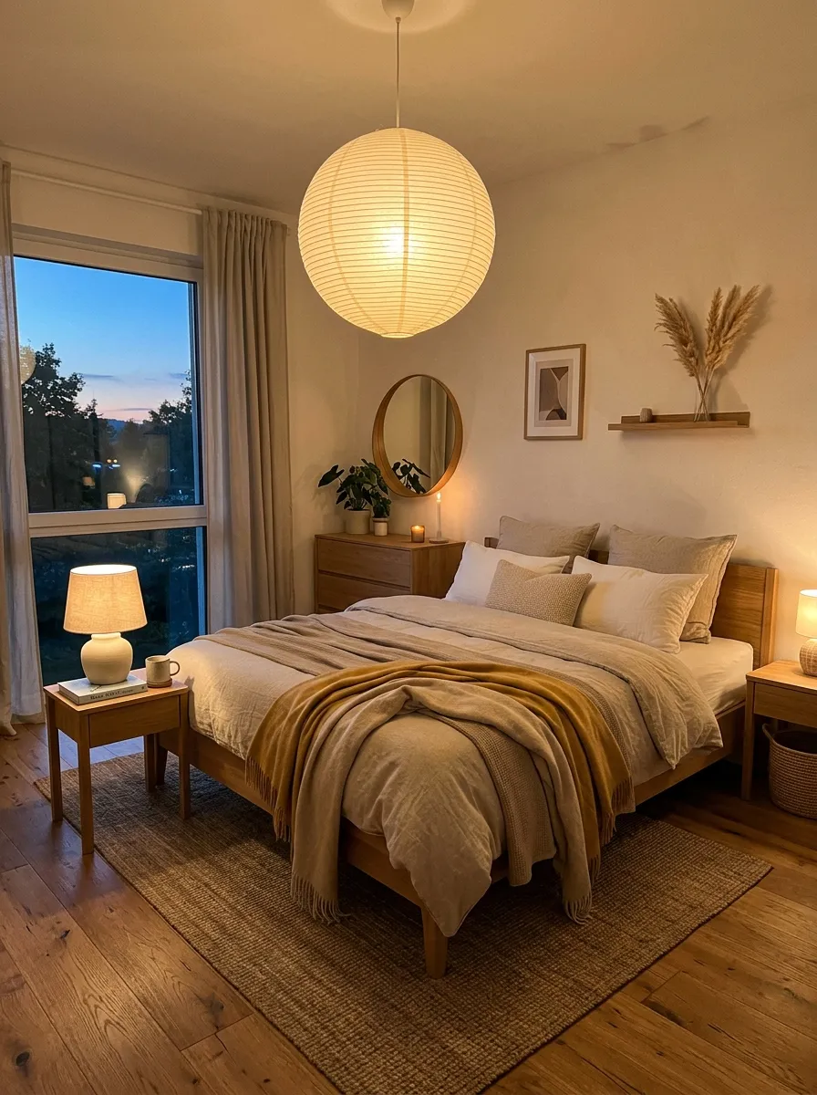 Image prompt: A cozy real-life bedroom at dusk with layered ambient lighting, warm paper lantern pendant, small wood nightstand lamp glowing softly, neatly made bed, organized and clean Japandi interior, warm vibrant golden tones, bright natural light fading into evening glow, realistic stock photo style.