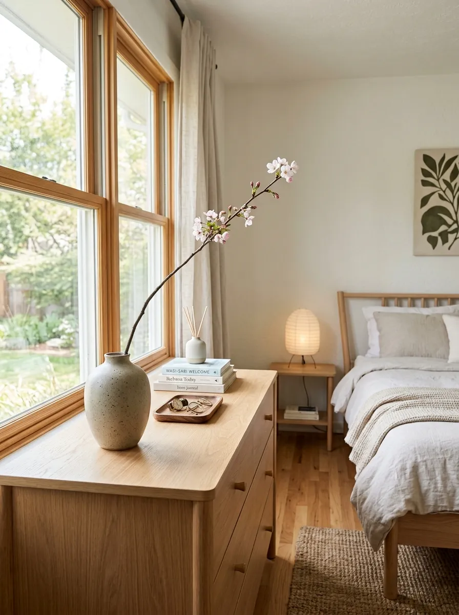 Image prompt: A real-life bedroom dresser corner with a single ikebana-style floral stem in a simple ceramic vase, neatly arranged, bright natural light from a nearby window, clean organized Japandi bedroom background, vibrant natural color accents, realistic stock photography style.