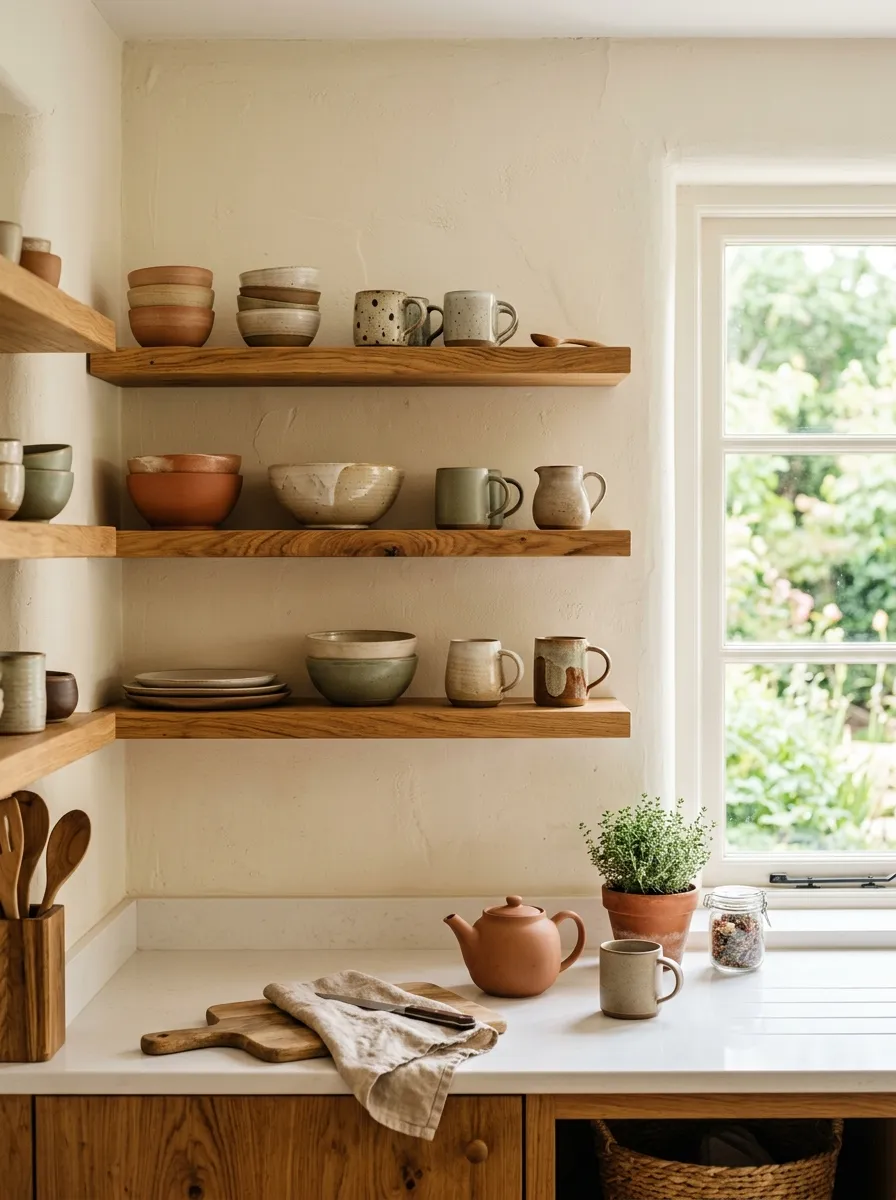Prompt: A real-life kitchen corner with open oak wood shelving, neatly arranged ceramic bowls and mugs in muted earthy tones, beautifully arranged with visible spacing, clean countertop below, bright natural light streaming through a nearby window, warm vibrant wood grain, candid lifestyle photography, shot on a DSLR, shallow depth of field, no people.
