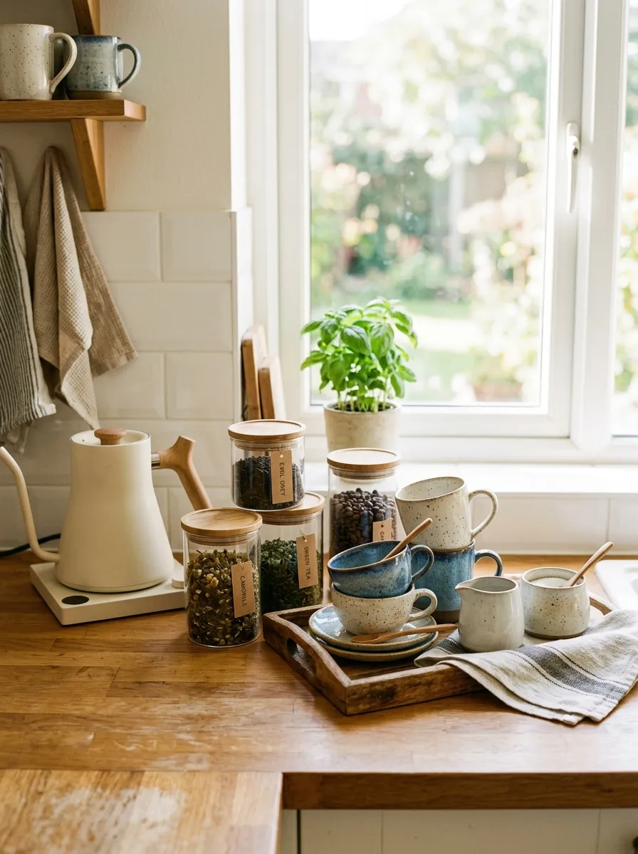 Prompt: A real-life kitchen counter styled as a coffee and tea corner, glass jars with visible tea leaves, a matte ceramic kettle, neatly made and beautifully arranged cups on a small wooden tray, clean surface, bright natural morning light, vibrant warm tones, candid lifestyle photography, no people.