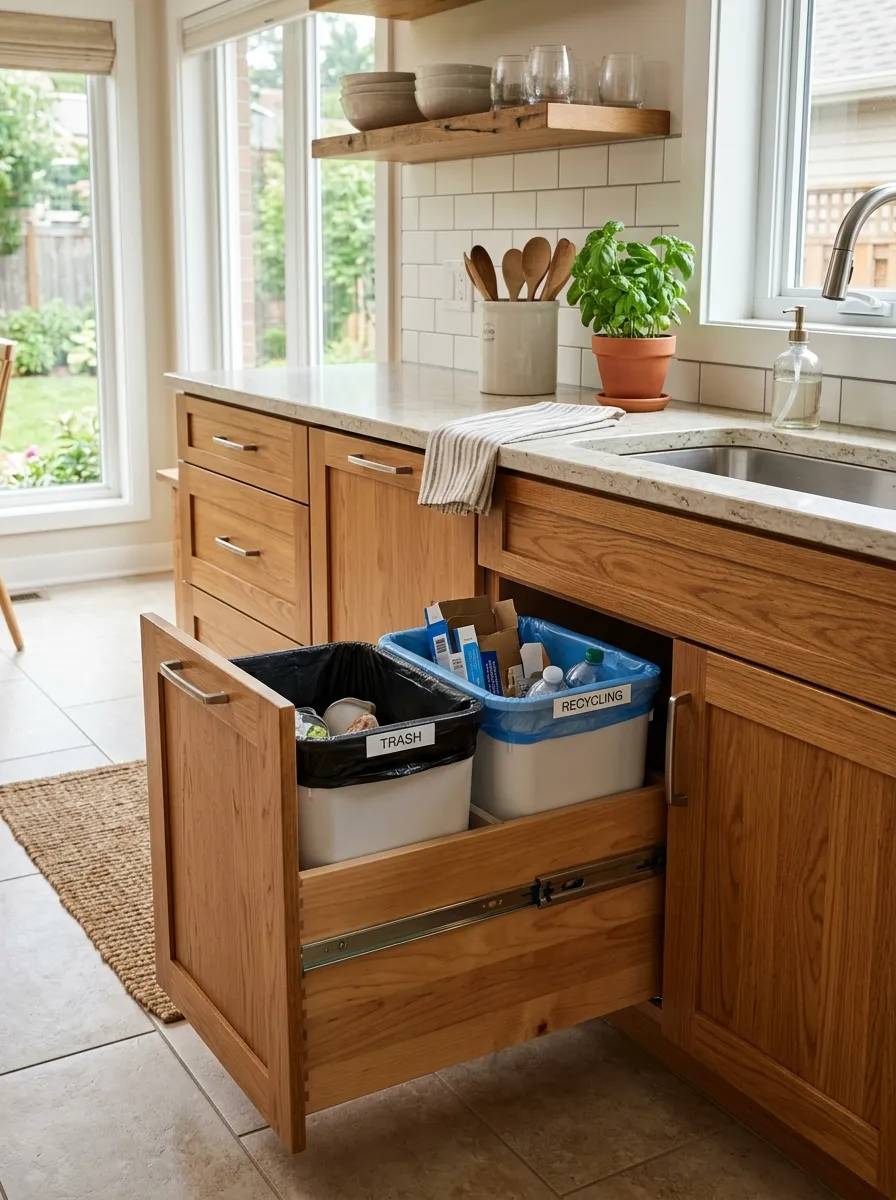 Prompt: A real-life kitchen cabinet pulled open to reveal a neatly organized trash and recycling drawer system, clean bins with liners, surrounding cabinetry beautifully arranged, bright natural light, warm vibrant wood tones, candid interior photography, practical home organization, no people.