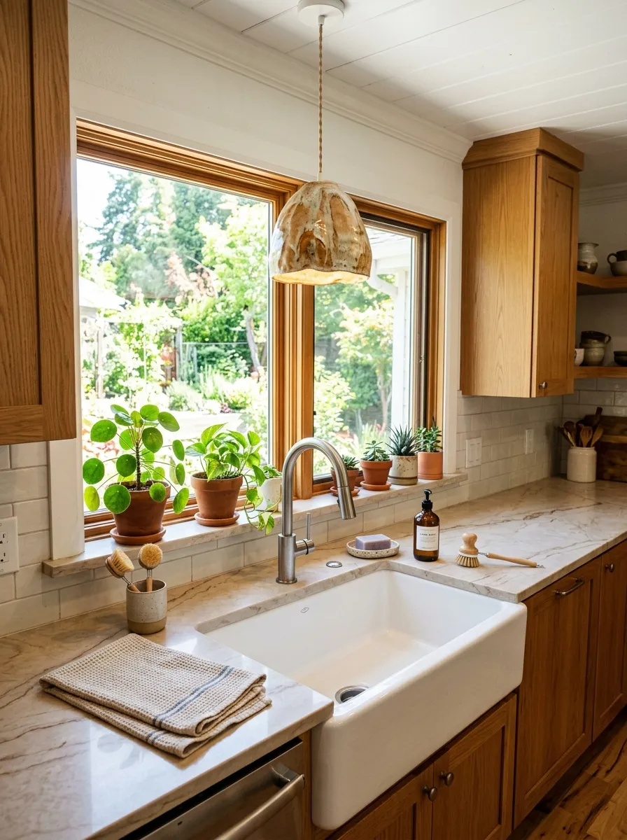 Prompt: A real-life kitchen sink area with one sculptural ceramic pendant light hanging above, clean sink and countertop, neatly made with a small soap dish and folded cloth, organized and clutter-free, bright natural light from a window, warm vibrant tones, candid interior photography, no people.