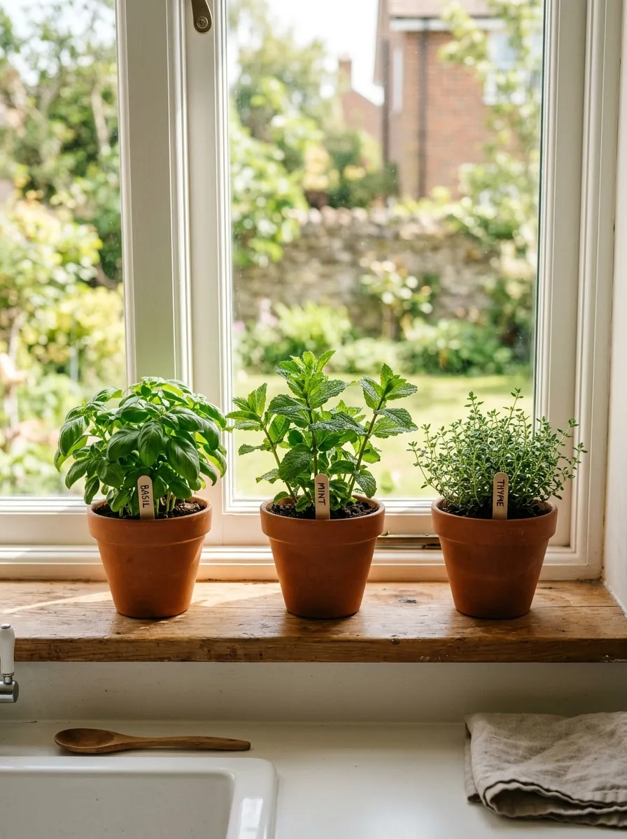 Prompt: A real-life kitchen windowsill ledge lined with small terracotta pots of fresh basil, mint, and thyme, neatly made and beautifully arranged in a row, clean surface, bright natural sunlight streaming in, vibrant green herb color against warm wood tones, candid lifestyle photography, no people.