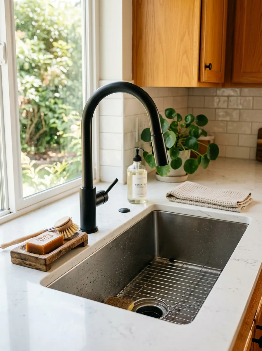 Prompt: A real-life kitchen sink with a matte black faucet as the focal point, clean and organized surrounding counter, neatly made with a small wooden soap tray, bright natural light reflecting softly off the matte finish, warm vibrant wood tones in the background, candid interior photography, no people.