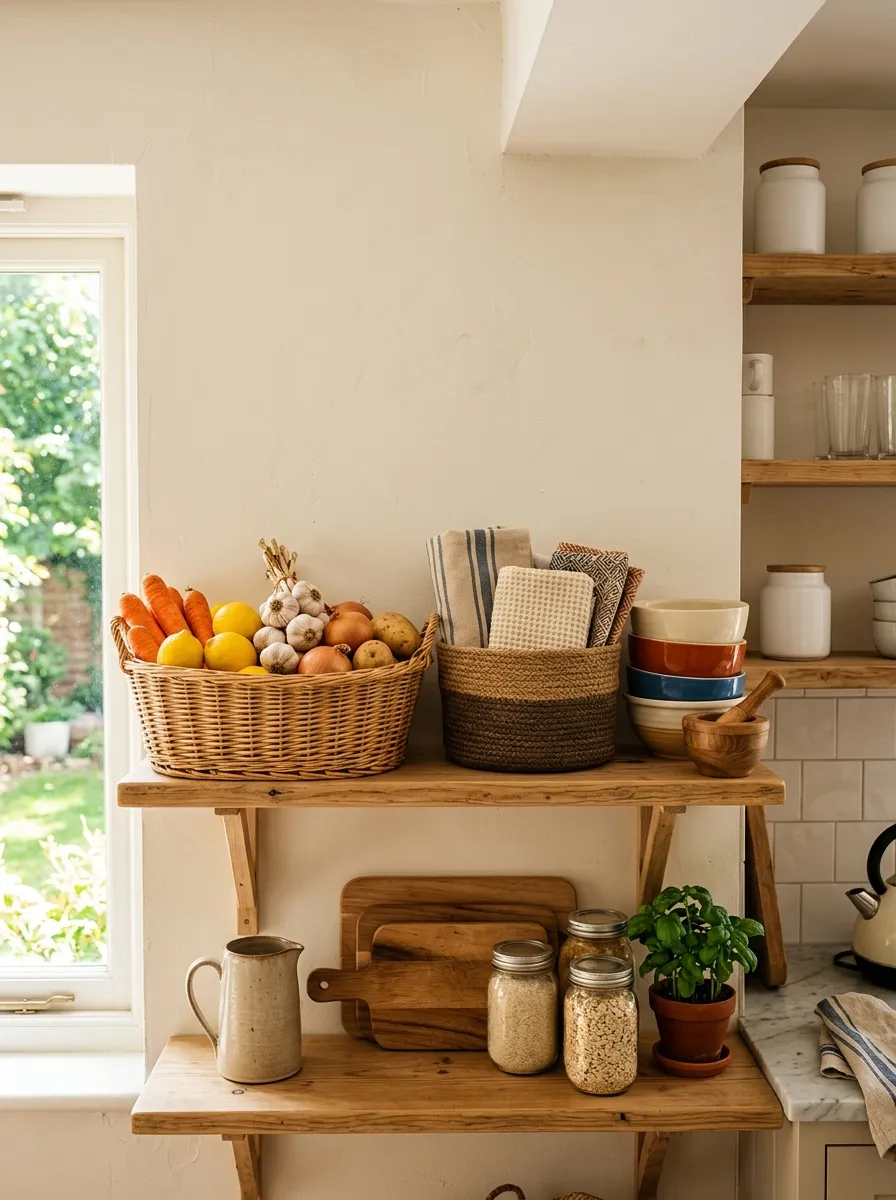 Prompt: A real-life kitchen open shelf with natural woven baskets holding produce and folded linens, neatly made and beautifully arranged, clean surrounding shelving, bright natural light casting warm shadows, vibrant warm tones against neutral wood, candid interior photography, no people.