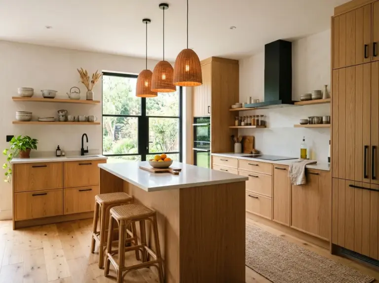 A wide real-life shot of a complete Japandi style kitchen, natural oak cabinetry paired with matte black accents, open wood shelving with a few handmade ceramic pieces, neatly made and beautifully arranged countertops, organized and clean, warm pendant lighting above an island, bright natural light pouring in from a large window, vibrant warm color palette, candid lifestyle photography, realistic textures, no people, Pinterest-ready composition.