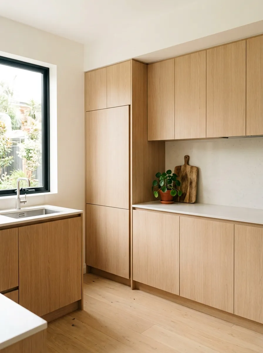 Prompt: A real-life minimalist kitchen with paneled cabinet fronts hiding the refrigerator and dishwasher, seamless flat-front design, neatly made countertop with only a wooden cutting board and a small plant, organized and clean, bright natural light, soft vibrant tones, candid stock photography style, no people, no visible appliance handles.