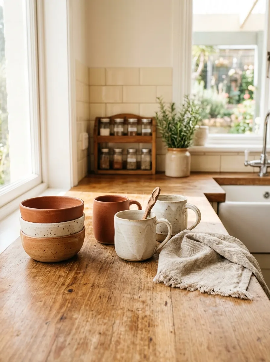 Prompt: A real-life kitchen countertop styled with handmade stoneware mugs and bowls in earthy terracotta and cream tones, neatly made arrangement, beautifully arranged next to a linen towel, clean wooden counter surface, bright natural morning light, vibrant warm color palette, candid lifestyle food photography, no people.