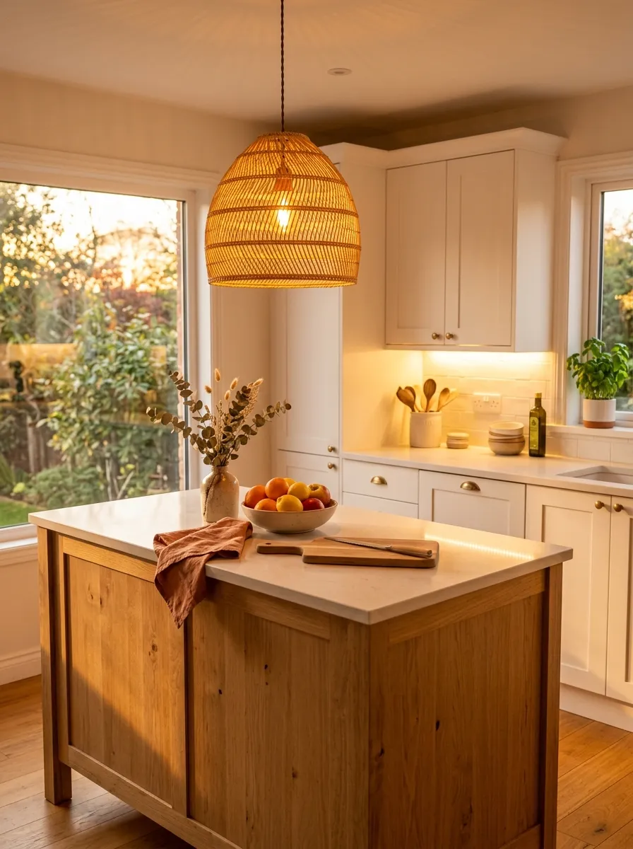Prompt: A real-life kitchen island at golden hour with a woven pendant light fixture glowing warmly above, under-cabinet lighting illuminating a clean organized counter, neatly made surfaces, bright natural light mixing with warm artificial glow, vibrant golden tones, candid interior photography, no people.