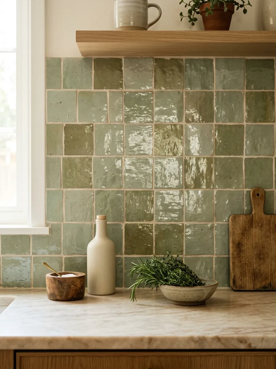 Prompt: A real-life kitchen backsplash close-up featuring handmade zellige tiles in soft sage green, subtle texture and light variation across each tile, clean grout lines, organized countertop below with minimal styling, bright natural light casting soft shadows, vibrant earthy tones, candid interior photography, no people.