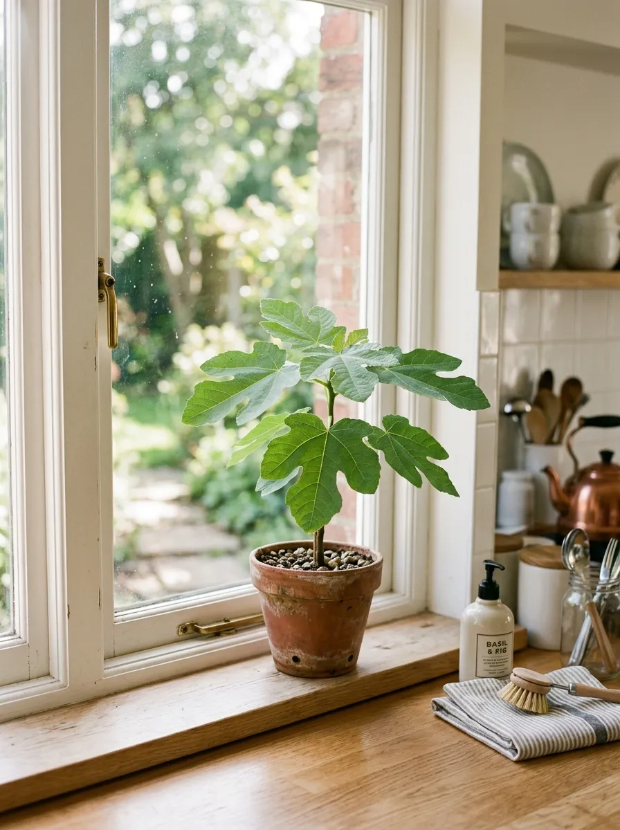 Prompt: A real-life kitchen windowsill with a small potted fig tree in a terracotta pot, neatly made surrounding counter, organized and clean, soft green leaves catching bright natural sunlight, vibrant plant color against neutral wood tones, candid lifestyle photography, shallow depth of field, no people.