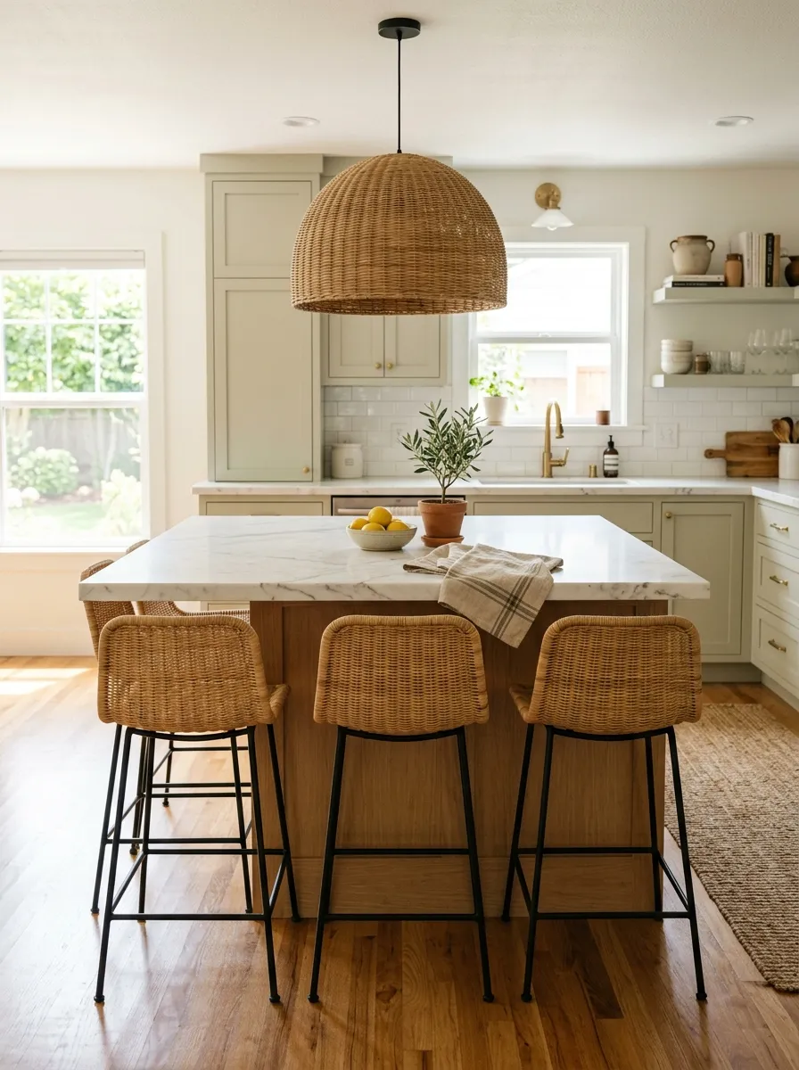 Prompt: A real-life kitchen island with woven rattan bar stools tucked neatly underneath, a rattan pendant light hanging above, clean countertop with a folded linen towel, organized and beautifully arranged, bright natural light highlighting the woven texture, warm vibrant tones, candid interior photography, no people.